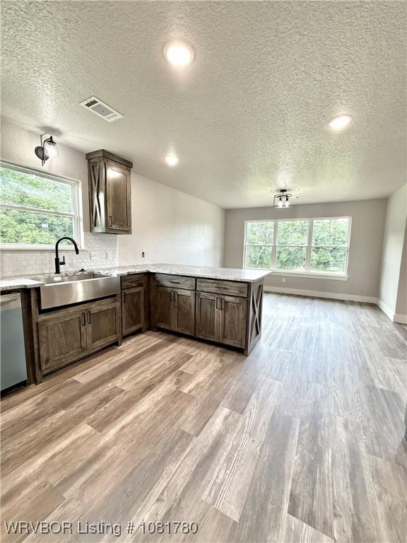 2948 N Hwy 282, Van Buren, AR 72956 - kitchen featuring light wood-type flooring, light countertops, stainless steel dishwasher, a textured ceiling, and dark brown cabinets