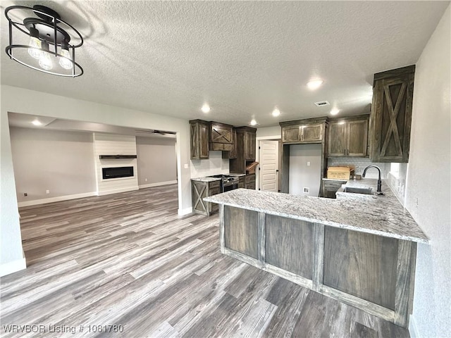 2948 N Hwy 282, Van Buren, AR 72956 - kitchen featuring wood finished floors, light stone counters, a peninsula, dark brown cabinets, and recessed lighting