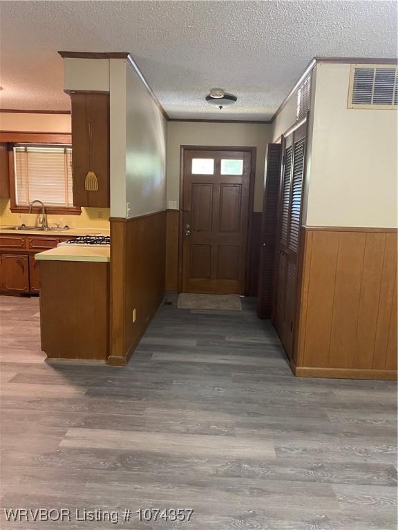 kitchen featuring wood walls, sink, light hardwood / wood-style floors, and a textured ceiling