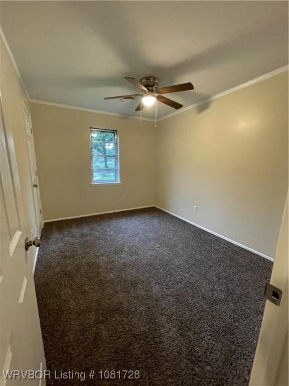 123 Gamma Cir, Roland, OK 74954 - unfurnished room with dark carpet, a ceiling fan, and ornamental molding