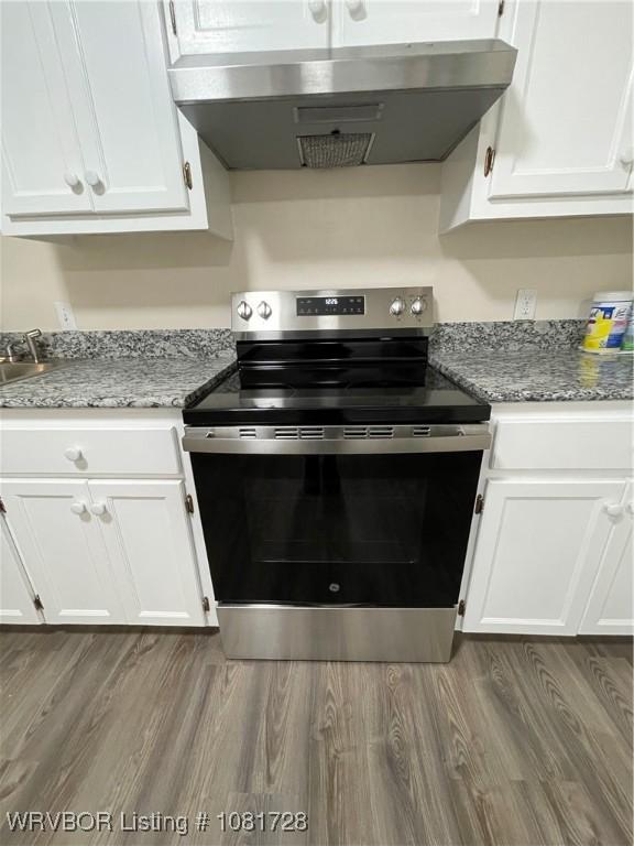 123 Gamma Cir, Roland, OK 74954 - kitchen with stainless steel electric range oven, exhaust hood, white cabinets, wood finished floors, and light stone countertops