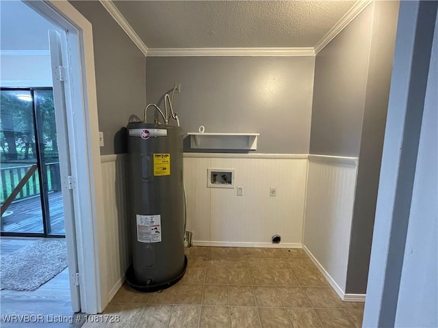123 Gamma Cir, Roland, OK 74954 - washroom featuring electric water heater, hookup for an electric dryer, washer hookup, a wainscoted wall, and crown molding