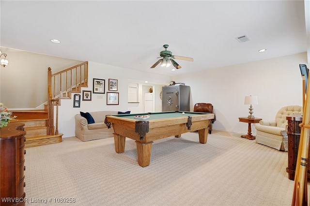 517 Ross Hampton Rd, Hackett, AR 72937 - recreation room with pool table, carpet, visible vents, and ceiling fan
