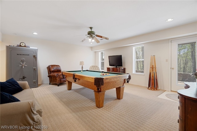 517 Ross Hampton Rd, Hackett, AR 72937 - playroom with ceiling fan, a healthy amount of sunlight, light colored carpet, and pool table