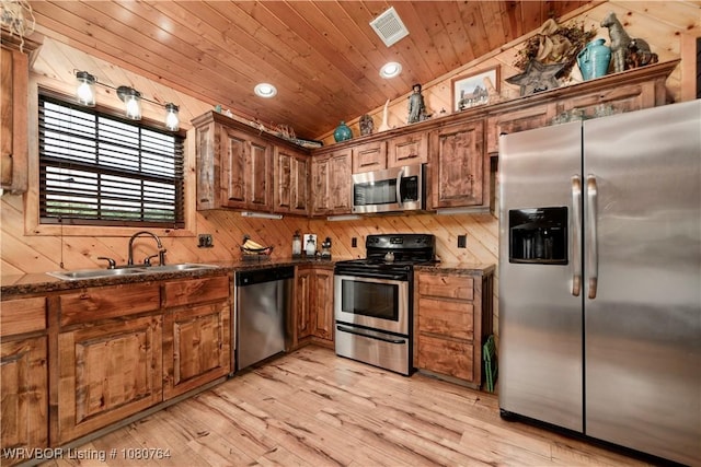 kitchen featuring wooden ceiling, brown cabinetry, visible vents, a sink, and stainless steel appliances