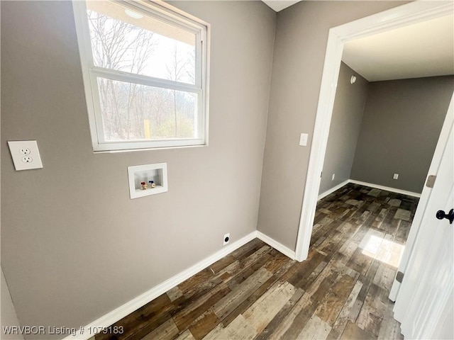 laundry area featuring laundry area, baseboards, dark wood finished floors, washer hookup, and electric dryer hookup