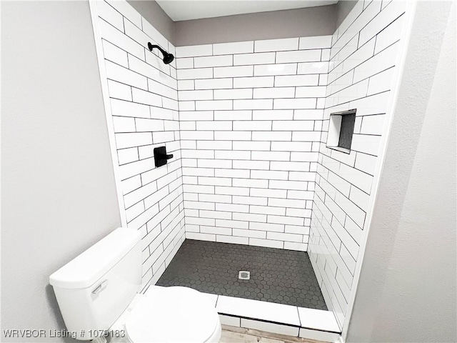 bathroom with a shower stall and toilet