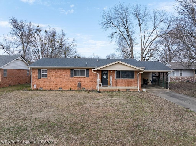 single story home with a carport, a porch, and a front yard