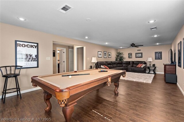 recreation room with ceiling fan, dark wood-type flooring, and pool table