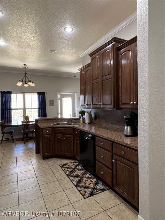 kitchen featuring dark brown cabinetry, dishwasher, dark countertops, ornamental molding, and a sink