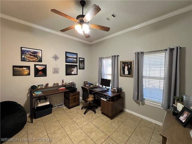 office area with light tile patterned floors, ceiling fan, visible vents, baseboards, and crown molding