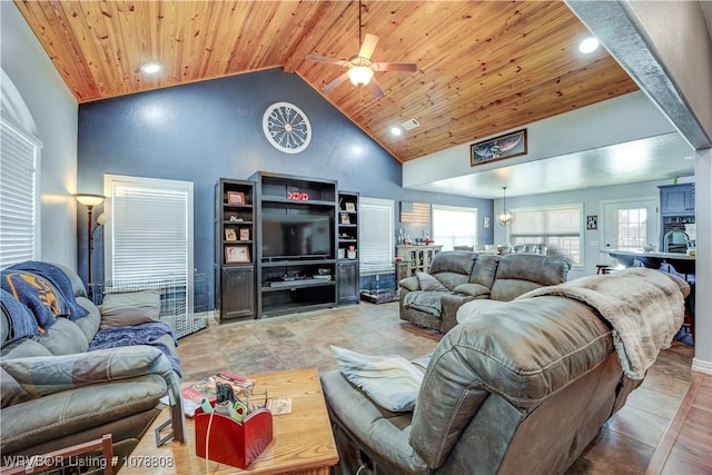 living room featuring wood ceiling, a wealth of natural light, high vaulted ceiling, and ceiling fan