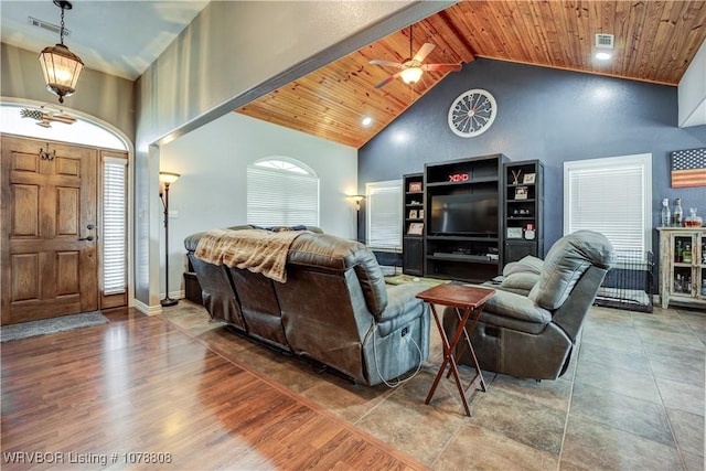 living room featuring wood ceiling, wood-type flooring, high vaulted ceiling, and ceiling fan