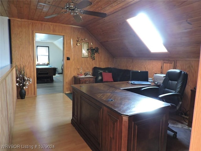 office with vaulted ceiling, wooden ceiling, wooden walls, ceiling fan, and light hardwood / wood-style floors