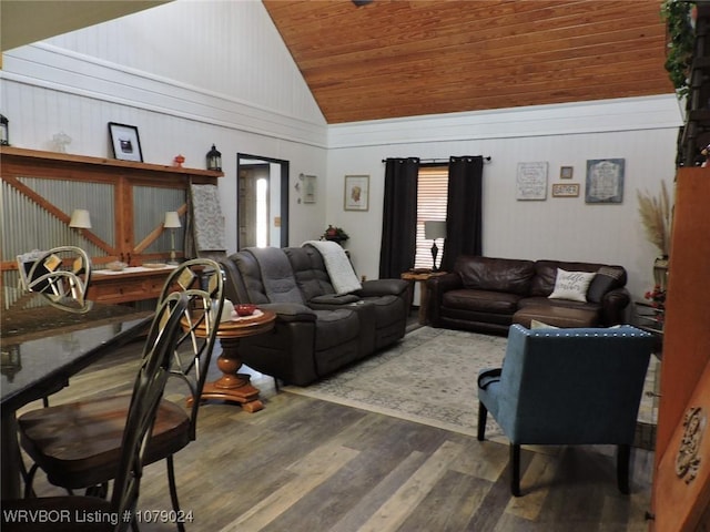 living room with wood-type flooring, vaulted ceiling, and wood ceiling