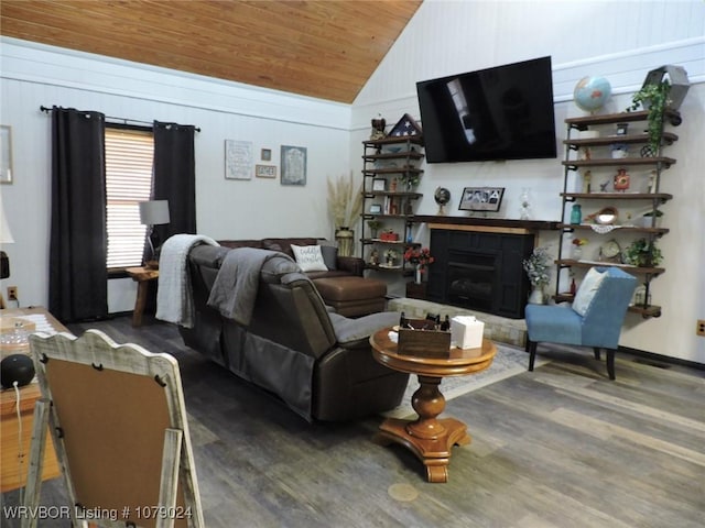 living room featuring lofted ceiling, dark wood-type flooring, and wood ceiling