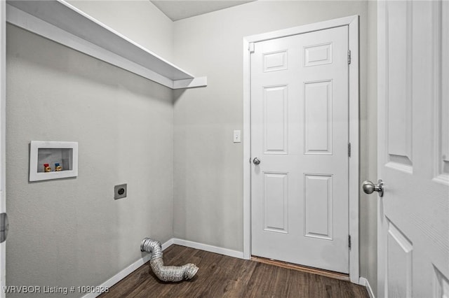 washroom with washer hookup, hookup for an electric dryer, laundry area, baseboards, and dark wood-type flooring