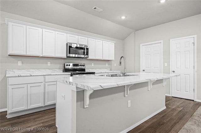 kitchen with appliances with stainless steel finishes, a sink, lofted ceiling, dark wood-type flooring, and visible vents