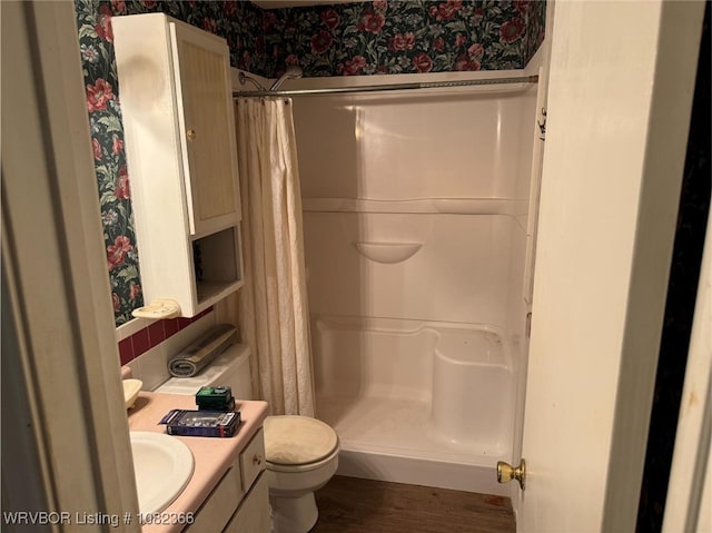 30 Easley Loop, Greenwood, AR 72936 - bathroom featuring wallpapered walls, vanity, a shower with shower curtain, and wood finished floors