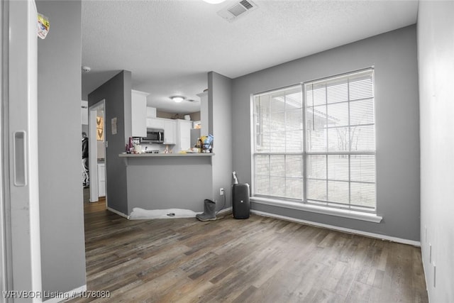 interior space with a wealth of natural light, dark wood-type flooring, and a textured ceiling