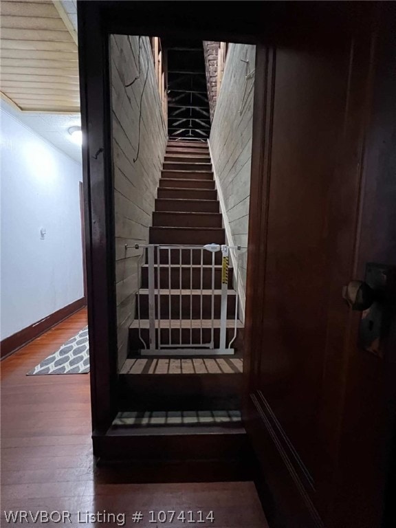 stairway with hardwood / wood-style floors