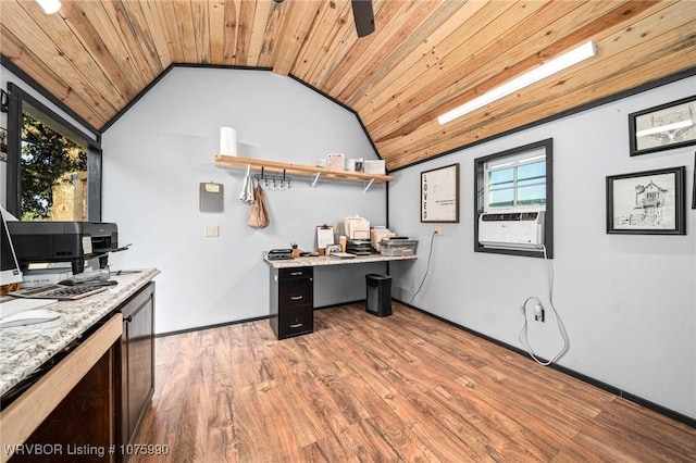 office area featuring wood ceiling, light hardwood / wood-style flooring, and vaulted ceiling