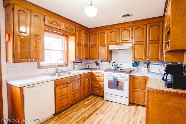 kitchen featuring decorative light fixtures, white appliances, sink, and light hardwood / wood-style flooring