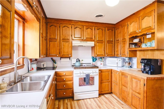 kitchen with sink, white appliances, and light hardwood / wood-style flooring