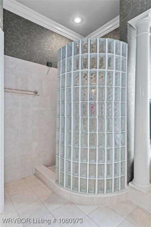 6800 Highland Park Dr, Fort Smith, AR 72916 - full bath featuring ornamental molding, a walk in shower, wallpapered walls, ornate columns, and recessed lighting