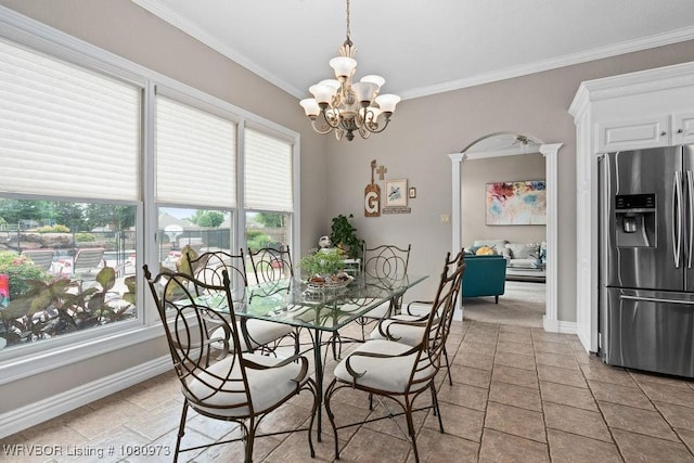 6800 Highland Park Dr, Fort Smith, AR 72916 - dining room with ornamental molding, baseboards, arched walkways, a chandelier, and decorative columns
