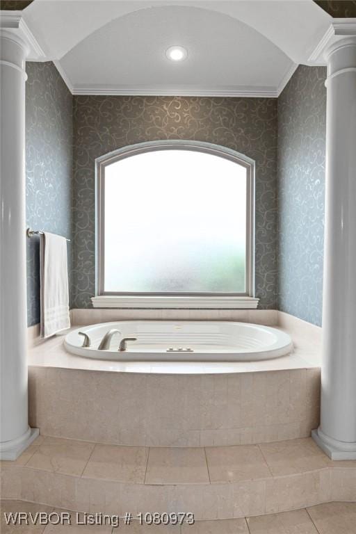 6800 Highland Park Dr, Fort Smith, AR 72916 - full bath with decorative columns, a bath, crown molding, wallpapered walls, and tile patterned flooring
