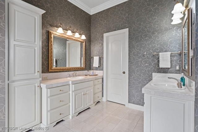 6800 Highland Park Dr, Fort Smith, AR 72916 - bathroom featuring vanity, crown molding, tile patterned floors, baseboards, and wallpapered walls