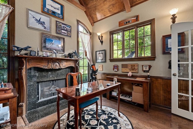 6800 Highland Park Dr, Fort Smith, AR 72916 - office space featuring wooden ceiling, a premium fireplace, wood finished floors, wainscoting, and wooden walls