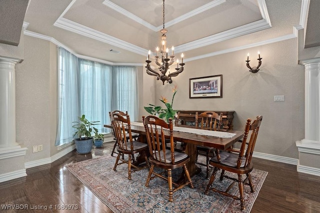 6800 Highland Park Dr, Fort Smith, AR 72916 - dining area featuring decorative columns, a raised ceiling, wood finished floors, baseboards, and ornamental molding