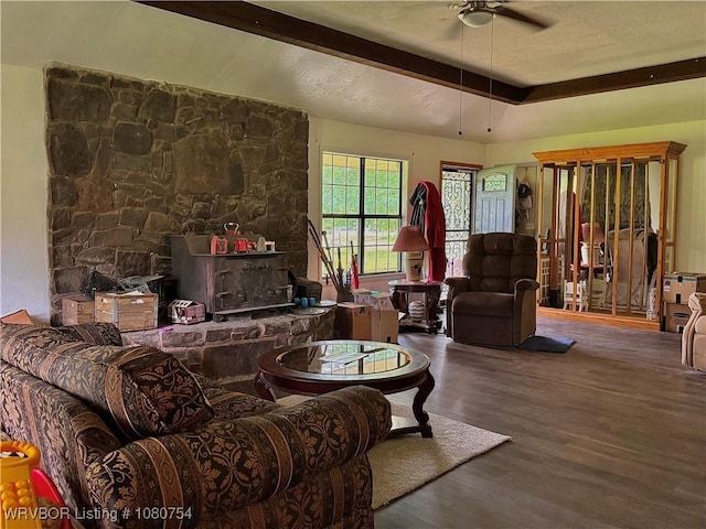 living area featuring a wood stove, a ceiling fan, and wood finished floors