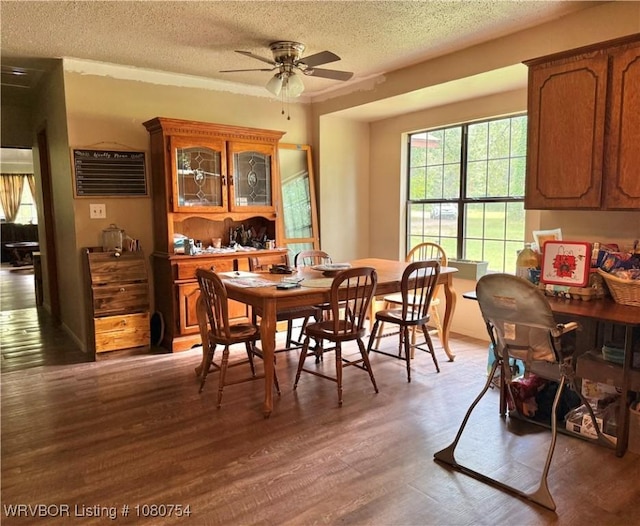 dining room featuring a ceiling fan, a textured ceiling, and wood finished floors