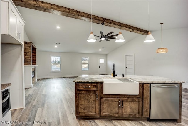 kitchen with white cabinetry, ceiling fan, sink, decorative light fixtures, and appliances with stainless steel finishes