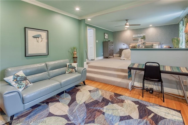 1232 Elizabeth Ln, Fort Smith, AR 72903 - living area with ornamental molding, ceiling fan, wood finished floors, and recessed lighting