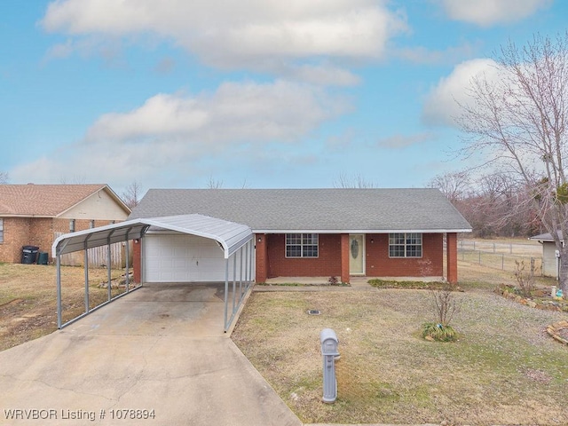 ranch-style house with a carport and a front yard