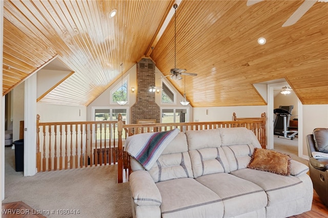 7441 Valley Creek Rd, Cecil, AR 72930 - carpeted living room with lofted ceiling, wood ceiling, and ceiling fan