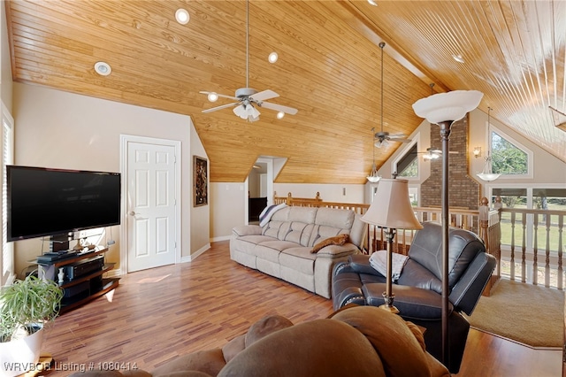 7441 Valley Creek Rd, Cecil, AR 72930 - living room featuring high vaulted ceiling, a ceiling fan, wood finished floors, wood ceiling, and baseboards