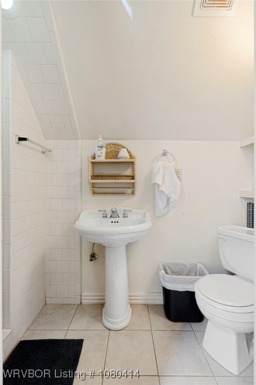 7441 Valley Creek Rd, Cecil, AR 72930 - full bathroom featuring lofted ceiling, tile patterned flooring, and tiled shower