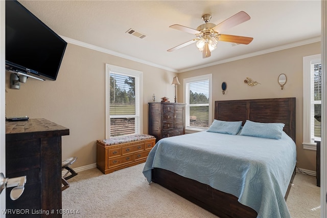 7441 Valley Creek Rd, Cecil, AR 72930 - bedroom featuring light carpet, ornamental molding, visible vents, and baseboards