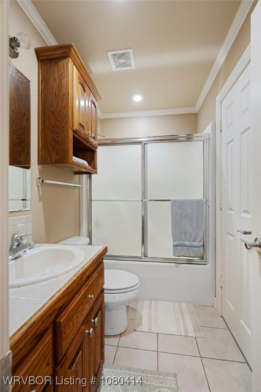 7441 Valley Creek Rd, Cecil, AR 72930 - bathroom with enclosed tub / shower combo, crown molding, tile patterned floors, and visible vents