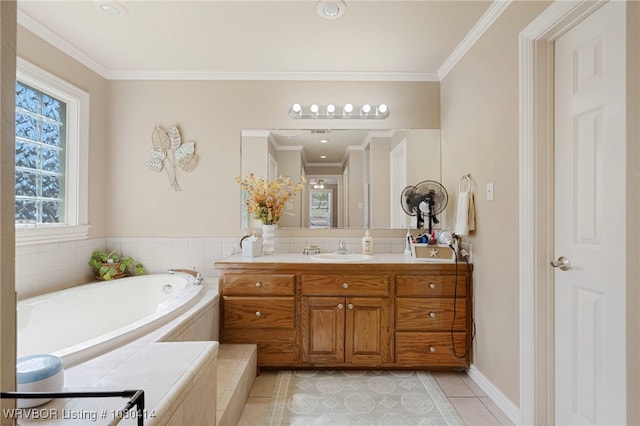7441 Valley Creek Rd, Cecil, AR 72930 - bathroom featuring tile patterned flooring, vanity, ornamental molding, baseboards, and a garden tub