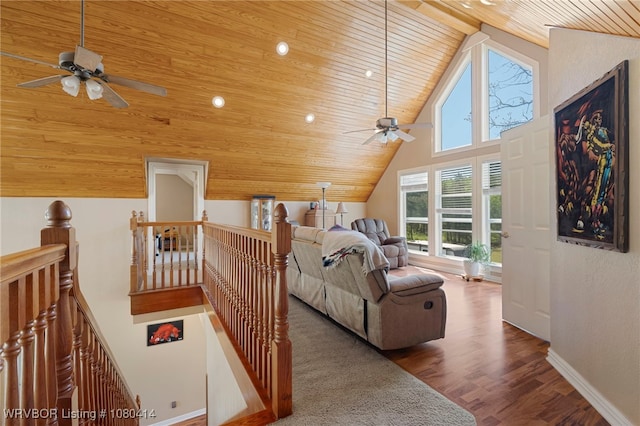 7441 Valley Creek Rd, Cecil, AR 72930 - bedroom with wood finished floors, ceiling fan, baseboards, wooden ceiling, and lofted ceiling