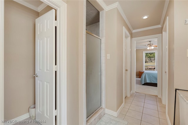7441 Valley Creek Rd, Cecil, AR 72930 - full bath with baseboards, a shower stall, and ornamental molding