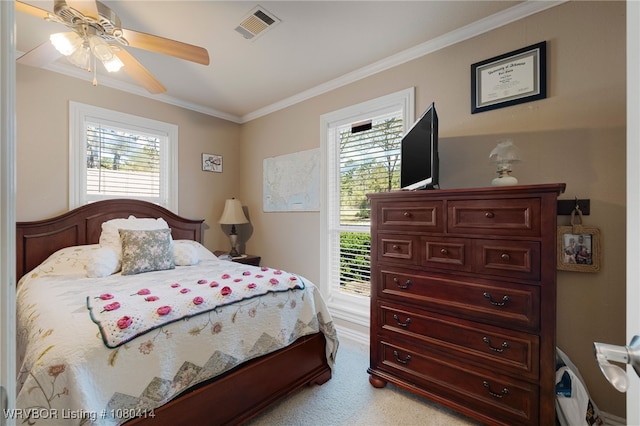 7441 Valley Creek Rd, Cecil, AR 72930 - bedroom featuring visible vents, ornamental molding, light colored carpet, and multiple windows