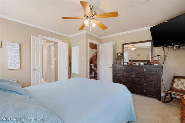 7441 Valley Creek Rd, Cecil, AR 72930 - bedroom with light carpet, a ceiling fan, and ornamental molding