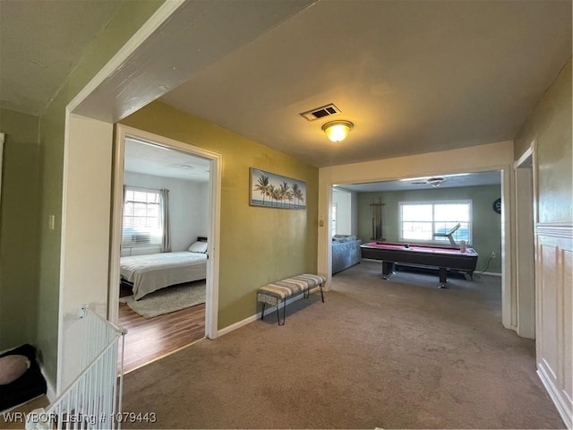 playroom featuring pool table, carpet flooring, visible vents, and baseboards